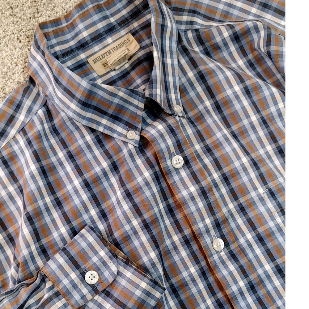 Duluth Trading Co Wrinklefighter Shirt Mens XL Tall Blue Orange Plaid Cotton L/S